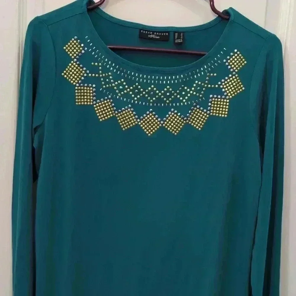 Susan Graver Artisan Liquid Knit Embellished Long-Sleeve Top